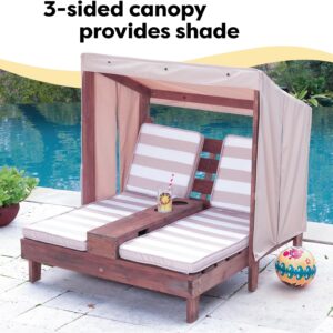KidKraft Wooden Outdoor Double Chaise Lounge with Cup Holders, Patio Furniture for Kids or Pets, Espresso with Oatmeal and White Striped Fabric