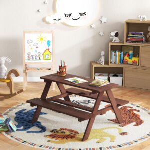 Olakids Kids Picnic Table, Outdoor Toddler Wooden Table and Chair Set with Removable Umbrella, Children Activity Furniture Bench Set for Patio Garden Backyard