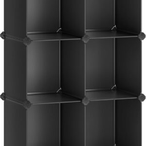 SONGMICS 6 Cube Storage Organizer, Modular Bookshelf, DIY Closet Organizers and Storage, Plastic Stackable Shelves, 11.8 x 11.8 x 11.8 Inch Cubes, with Feet and Rubber Mallet, Black ULPC06H