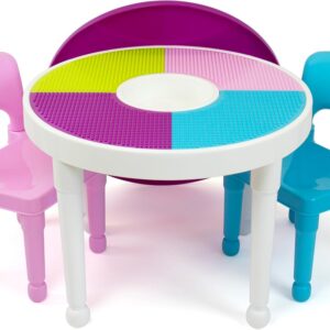 Humble Crew Forever Toddler 2-in-1 Plastic Building Blocks-Compatible Activity 2, Round, White/Pink/Purple/Turquoise Kids Table and Chairs Set
