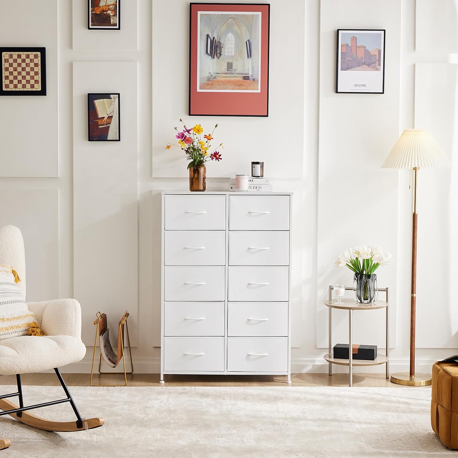 White Wide Storage Organizer with Wooden Top White Wide Storage Organizer with Wooden Top